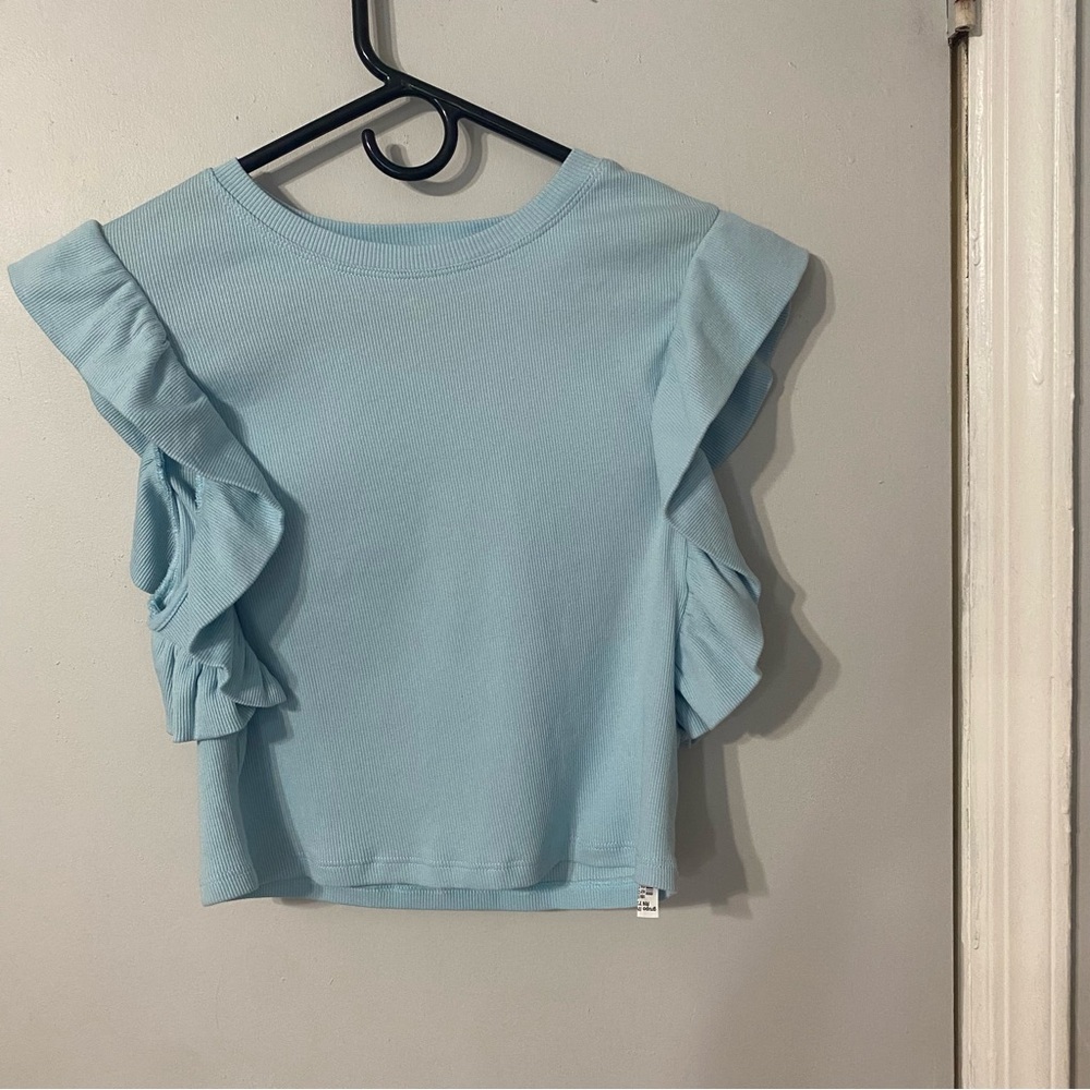 {Zara} Baby Blue Ribbed Sleeveless Crop Top | Ruffles ~ Size Small - Picture 2 of 16